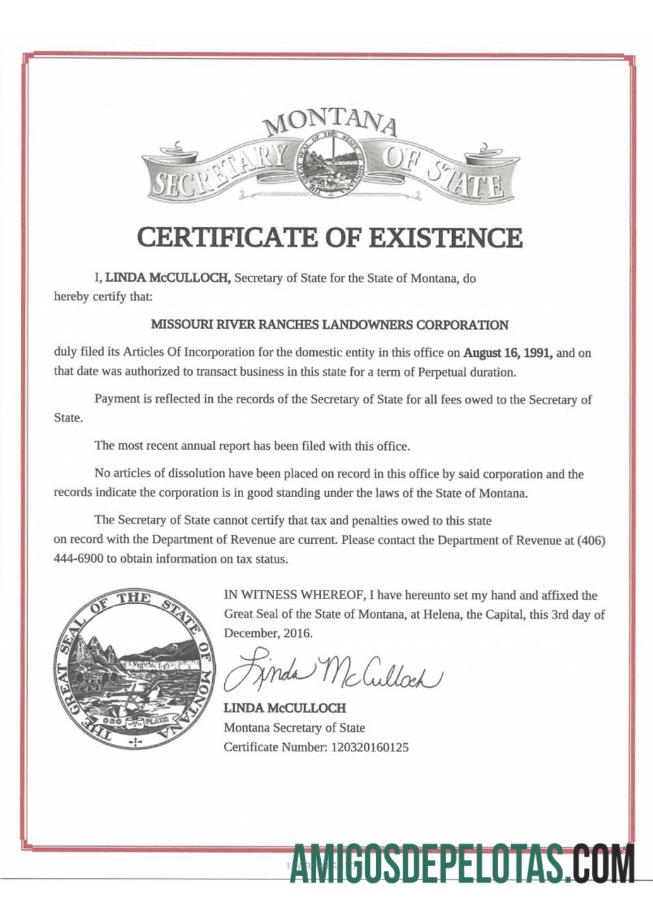 Exemplo de Certificado de Regularidade dos EUA Montana